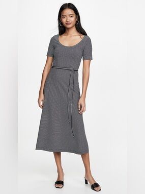Club Monaco Black and White Striped Midi Dress with Waist Tie